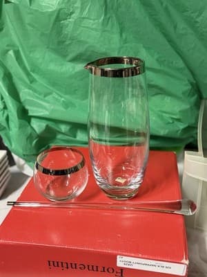 Crate & Barrel Glass Pitcher Stirrer & Tumbler Set Silver Rim Barware