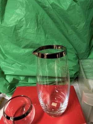 Crate & Barrel Glass Pitcher Stirrer & Tumbler Set Silver Rim Barware - Thumbnail 9