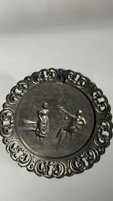 Vintage German Pewter Wall Plate Romantic Scene Ornate Openwork Rim - Thumbnail 4