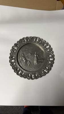 Vintage German Pewter Wall Plate Romantic Scene Ornate Openwork Rim
