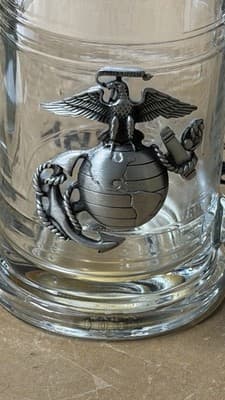 USMC Glass Beer Mug Pewter Emblem Old Forge Pewter Made in USA - Thumbnail 2