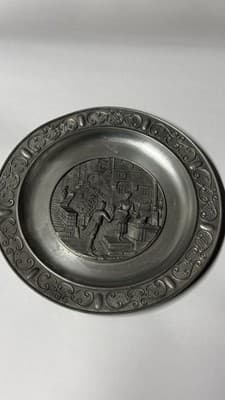 Vintage Pewter Wall Plate Medieval Scene Scalloped Edge Decorative Plate