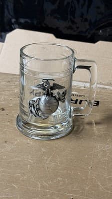 USMC Glass Beer Mug Pewter Emblem Old Forge Pewter Made in USA