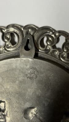 Vintage German Pewter Wall Plate Romantic Scene Ornate Openwork Rim - Thumbnail 7