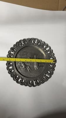 Vintage German Pewter Wall Plate Romantic Scene Ornate Openwork Rim - Thumbnail 9