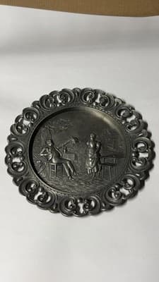 Vintage German Pewter Wall Plate Romantic Scene Ornate Openwork Rim - Thumbnail 2