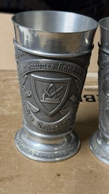 Vintage Pewter Beer Goblets Set of 2 German Guild Style Cups - Thumbnail 3