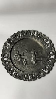 Vintage German Pewter Wall Plate Romantic Scene Ornate Openwork Rim - Thumbnail 3