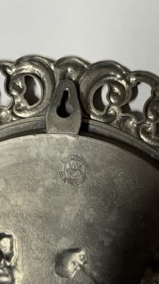 Vintage German Pewter Wall Plate Romantic Scene Ornate Openwork Rim - Thumbnail 5