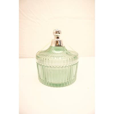 Vintage Style Seafoam Green Ribbed Glass Candy Dish with Silver Finial Lid