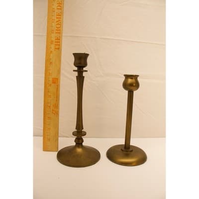 Vintage Brass Taper Candle Holder Set Mismatched Staggered Heights Gold Tone 2pc