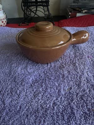Vintage Brown Glazed Ceramic Soup Bowl with Handle & Lid – 5” Diameter - Thumbnail 2