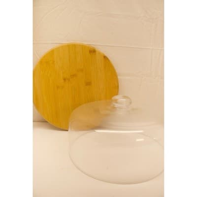 Bamboo Cheese Board with Glass Cloche Dome Round Serving Platter 11 Inch F-5 - Thumbnail 4