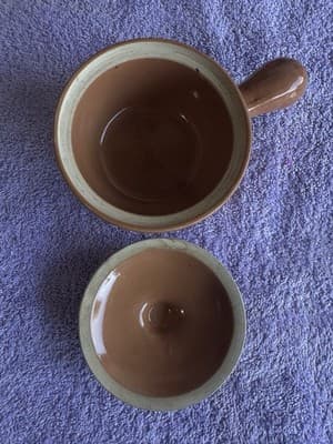 Vintage Brown Glazed Ceramic Soup Bowl with Handle & Lid – 5” Diameter - Thumbnail 3