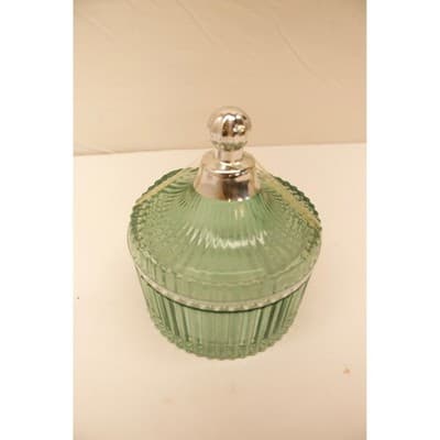 Vintage Style Seafoam Green Ribbed Glass Candy Dish with Silver Finial Lid - Thumbnail 2