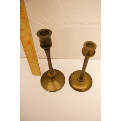 Vintage Brass Taper Candle Holder Set Mismatched Staggered Heights Gold Tone 2pc - Thumbnail 2
