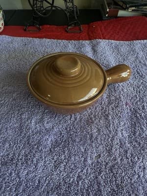Vintage Brown Glazed Ceramic Soup Bowl with Handle & Lid – 5” Diameter