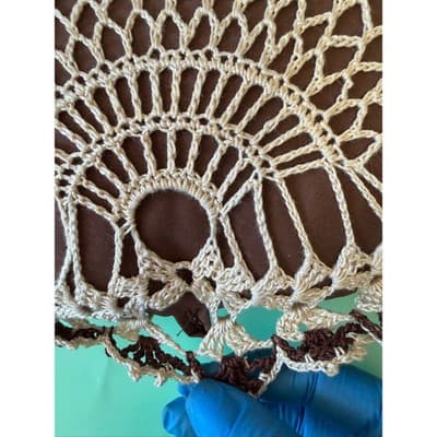 Vintage Crochet Heart Decorative Pillow Brown Cream Lace Doily Accent 8x9 - Thumbnail 4