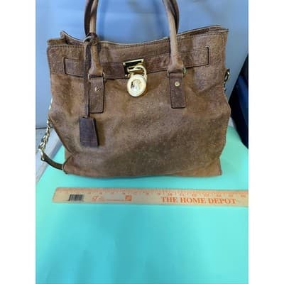 Michael Kors Hamilton Ostrich Embossed Leather Satchel Brown Gold Link Strap - Thumbnail 6