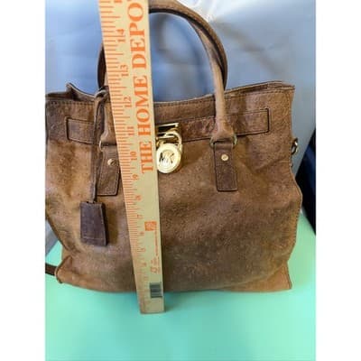 Michael Kors Hamilton Ostrich Embossed Leather Satchel Brown Gold Link Strap - Thumbnail 5