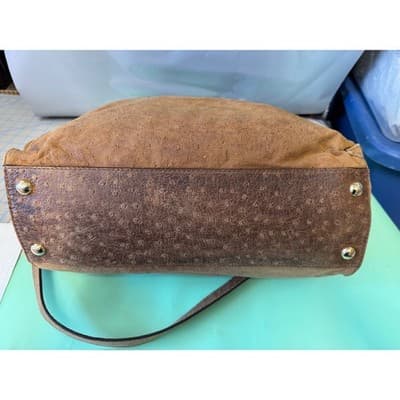 Michael Kors Hamilton Ostrich Embossed Leather Satchel Brown Gold Link Strap - Thumbnail 10