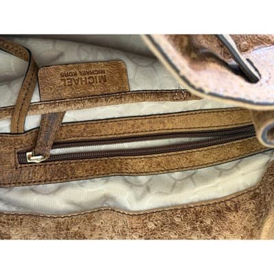Michael Kors Hamilton Ostrich Embossed Leather Satchel Brown Gold Link Strap - Thumbnail 12