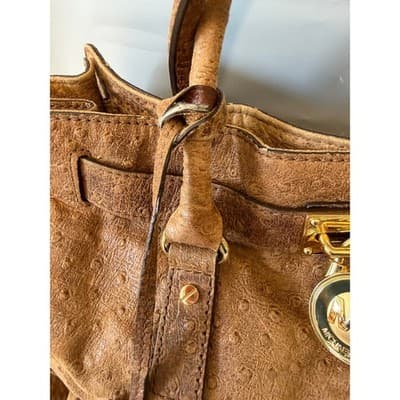 Michael Kors Hamilton Ostrich Embossed Leather Satchel Brown Gold Link Strap - Thumbnail 4