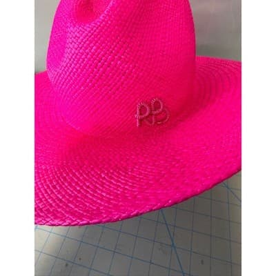 Ruslan Baginskiy Neon Pink Straw Fedora Hat RB Monogram Size S Made in Ukraine - Thumbnail 2