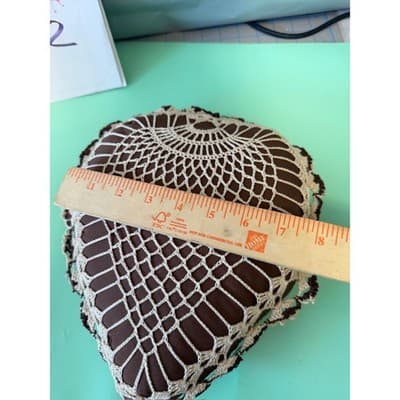Vintage Crochet Heart Decorative Pillow Brown Cream Lace Doily Accent 8x9 - Thumbnail 5