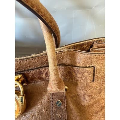 Michael Kors Hamilton Ostrich Embossed Leather Satchel Brown Gold Link Strap - Thumbnail 3