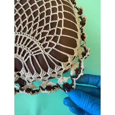 Vintage Crochet Heart Decorative Pillow Brown Cream Lace Doily Accent 8x9 - Thumbnail 3