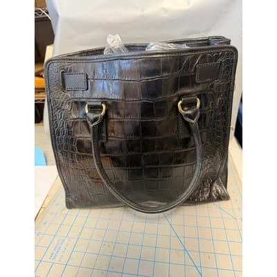 Michael Kors Hamilton Black Mixed Media Calf Hair Croc Embossed Leather Tote Bag - Thumbnail 10