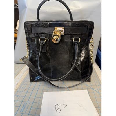Michael Kors Hamilton Black Mixed Media Calf Hair Croc Embossed Leather Tote Bag