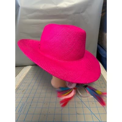 Ruslan Baginskiy Neon Pink Straw Fedora Hat RB Monogram Size S Made in Ukraine - Thumbnail 5