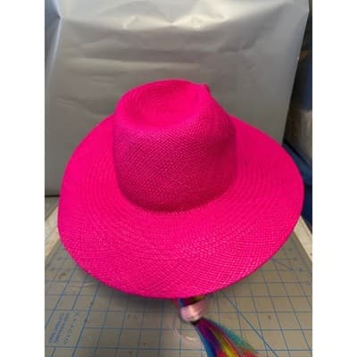 Ruslan Baginskiy Neon Pink Straw Fedora Hat RB Monogram Size S Made in Ukraine - Thumbnail 4