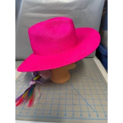 Ruslan Baginskiy Neon Pink Straw Fedora Hat RB Monogram Size S Made in Ukraine - Thumbnail 3