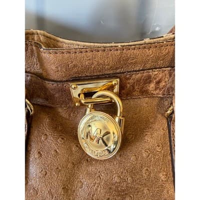 Michael Kors Hamilton Ostrich Embossed Leather Satchel Brown Gold Link Strap - Thumbnail 2