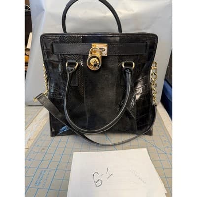 Michael Kors Hamilton Black Mixed Media Calf Hair Croc Embossed Leather Tote Bag - Thumbnail 2