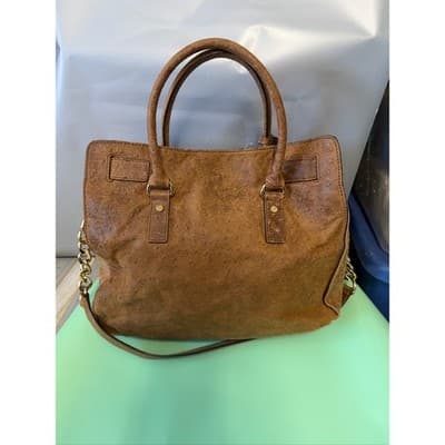 Michael Kors Hamilton Ostrich Embossed Leather Satchel Brown Gold Link Strap - Thumbnail 7