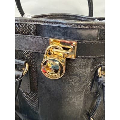 Michael Kors Hamilton Black Mixed Media Calf Hair Croc Embossed Leather Tote Bag - Thumbnail 3