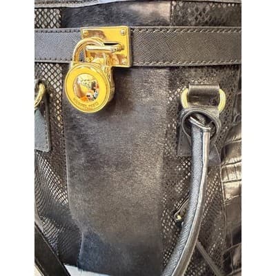 Michael Kors Hamilton Black Mixed Media Calf Hair Croc Embossed Leather Tote Bag - Thumbnail 4