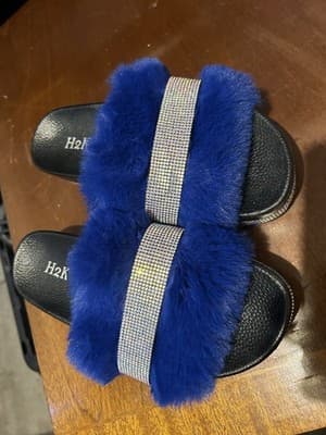 H2K Blue Faux Fur Rhinestone Platform Slides Sandals Women’s Size 8 - Thumbnail 2