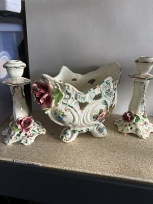 Paul’s Italy Hand Painted Ceramic Set Vase & Candle Holders #4694