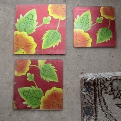 Floral Glass Coasters Set of 3 Red Flower Drink Coasters
