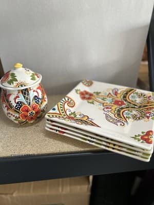 Colorful Ceramic Plates Set of 4 with Matching Jar Floral Paisley Design