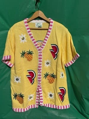 Vintage Whacker Factory Cardigan Fruit Embroidered Yellow Kitsch Sweater M