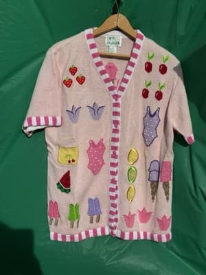 Vintage Whacker Factory Cardigan Sweater Fruit Embroidered Pink Kitsch M