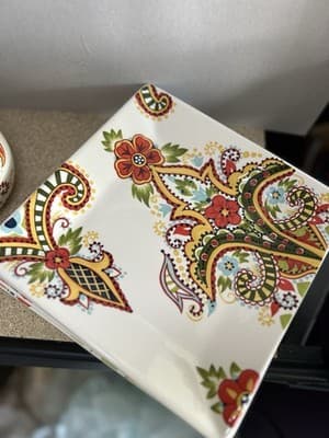 Colorful Ceramic Plates Set of 4 with Matching Jar Floral Paisley Design - Thumbnail 4