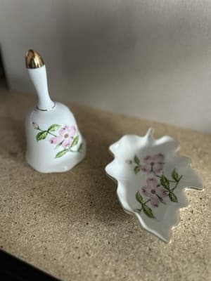 1985 Lefton China Japan Bell & Leaf Dish Pink Dogwood Flower Porcelain Set