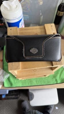 Harley-Davidson Leather Eyeglasses Case Black Orange Stitch Snap Pouch